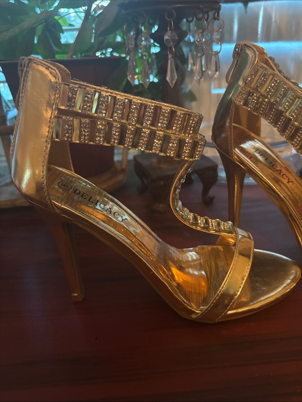 Delicacy Metallic Gold Crystal-Strap High Heels - Picture 3 of 10